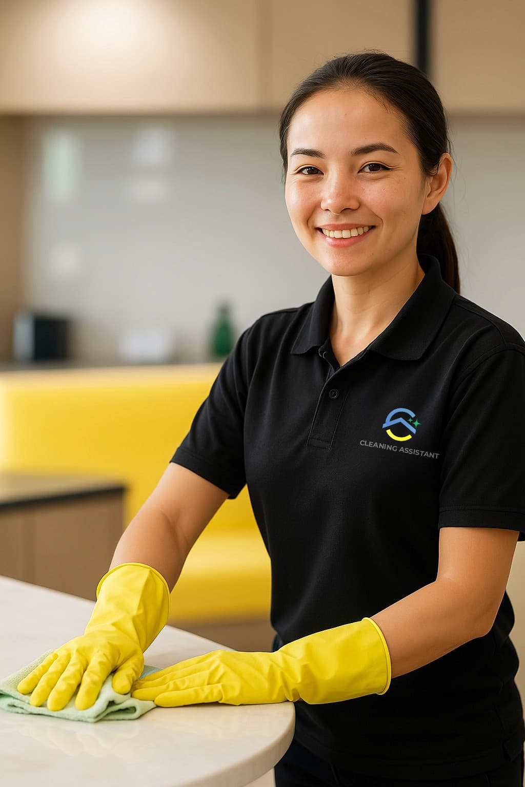 A friendly, smiling Cleaning Assistant cleaner at work in a Singapore home